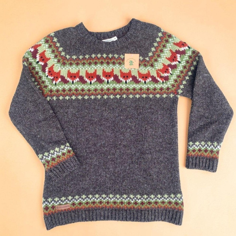 Pachamama Fox Fair Isle 100% Wool Hand Knit Sweater Small Woodland Cottagecore
